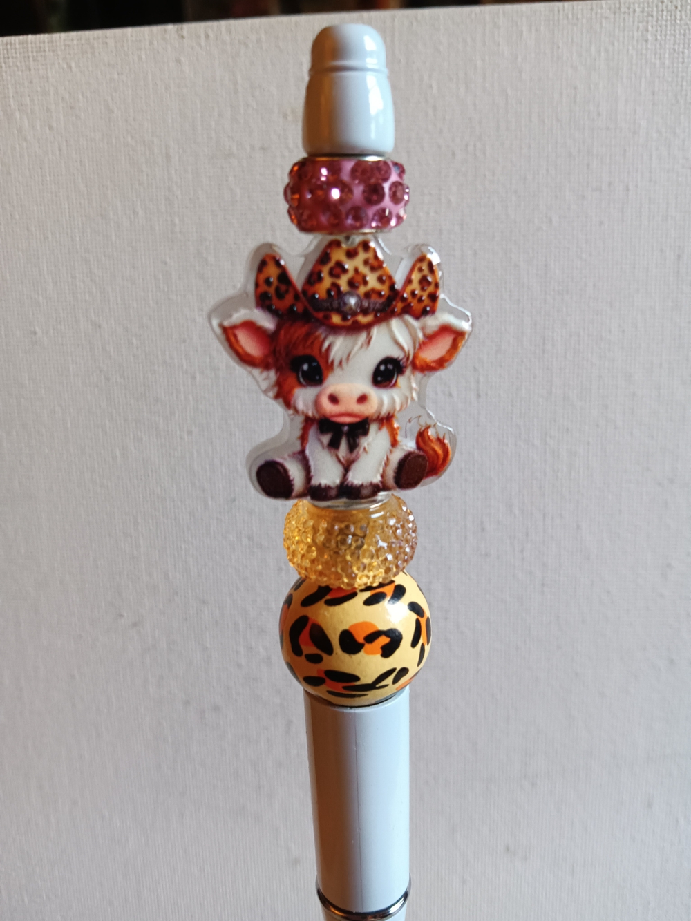 Cute Cow Beaded Pen, White with Pink and Yellow Accents